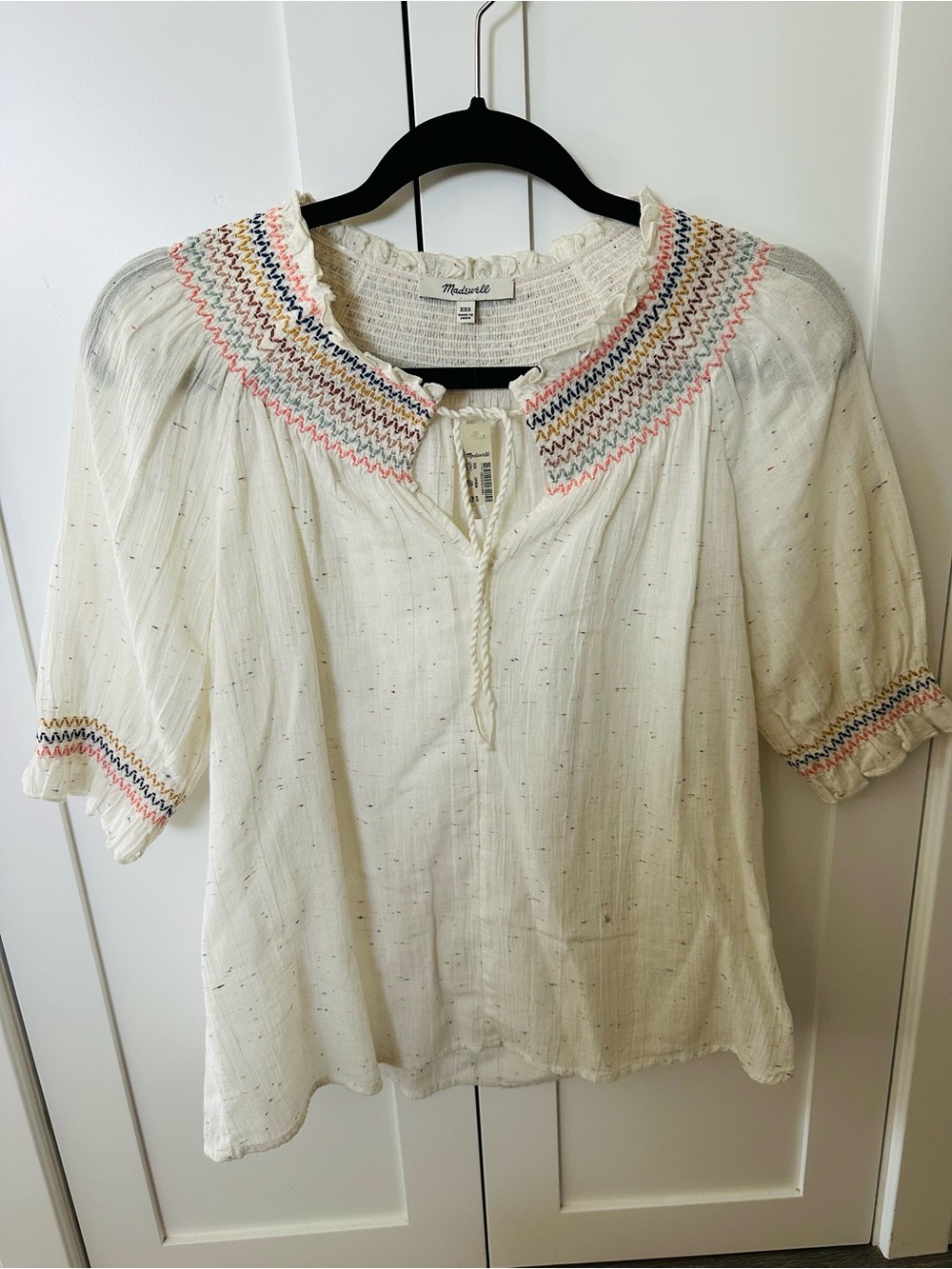 NWT Madewell White Speckled Peasant Blouse with Multicolor Embroidered Trim